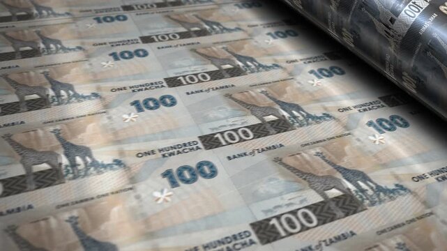 Zambia kwacha Zambian money banknotes printing roll machine loop. Paper 100 ZMW bank note print 3d looping seamless. Abstract concept of banking, finance, economy and crisis.