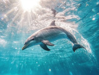 Obraz premium Dolphin swimming gracefully in clear ocean water with sunlight filtering through the surface