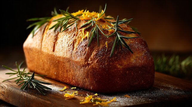 A loaf with garnish of rosemary and zest, creative styling