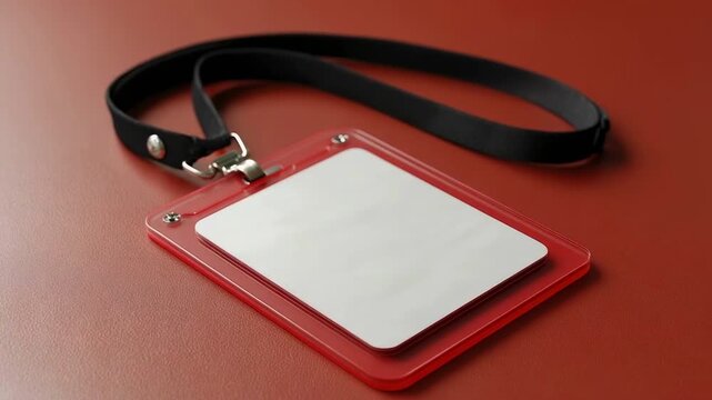 A blank white identification card in a red translucent holder with a black lanyard resting on a textured red surface