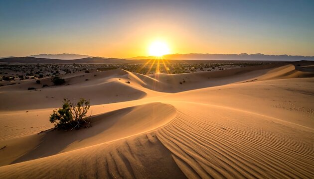 A scenic desert landscape under a radiant sunrise. The sun casts golden rays over undulating sand dunes, hinting at endless expanse