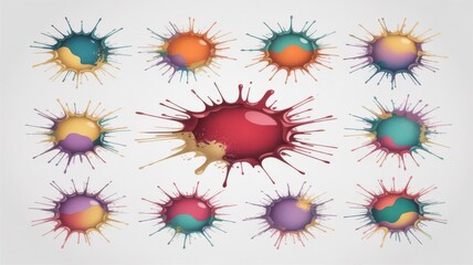 Collection of colorful abstract paint splatters and splashes on a light background