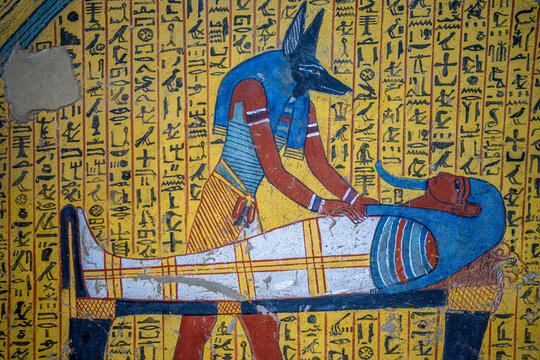 Ancient Egyptian Tomb Painting of Anubis Embalming the Mummy of Sennedjem