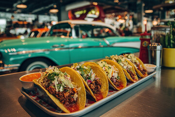 A tray of prepared tacos on a table in a Mexican cafe.