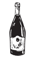 Wine bottle isolated on white background. Vector sketch, vintage. Hand drawn ink and brush. Quick drawing for menu, design, label.