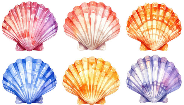 Six scallop shells in rainbow colors, watercolor style art