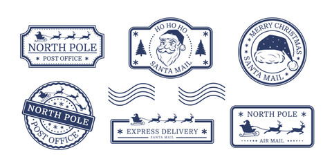 North Pole post office stamp set. Santa Claus's mail. New Year and Christmas design. Vector illustration.