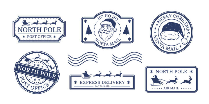 North Pole post office stamp set. Santa Claus's mail. New Year and Christmas design. Vector illustration.