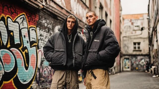 Two stylish men posing in graffiti alley, urban fashion photography vibe with confidence and individuality