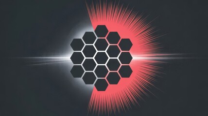 Abstract hexagonal grid with glowing red and white energy burst