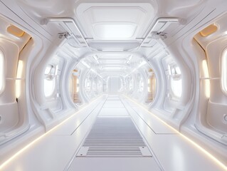 Obraz premium Futuristic white corridor featuring sleek design and bright lighting in a sci-fi setting