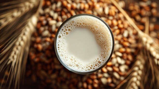 A glass of milk surrounded by cereal grains, top view - Powered by Adobe