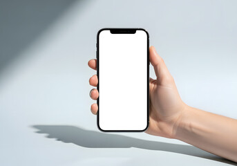 Hand holding a modern smartphone with a blank screen