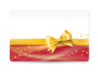 Elegant festive gift card design with a shiny golden ribbon and bow on a red background decorated with glowing stars, holiday greetings, gift vouchers, Christmas, New Year, or celebration invitations.