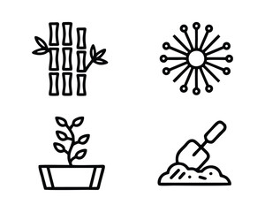 Gardening and Nature Icons: Bamboo, Plant, Dandelion, and Shovel Line Art Set