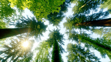 View of tall trees with sunlight filtering through green leaves, concept of nature, growth and harmony.
