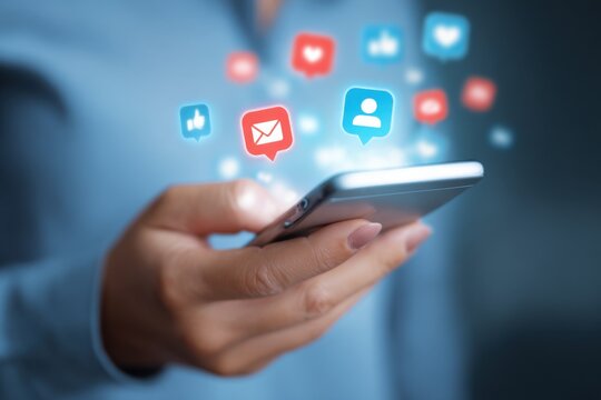 Engaging with digital marketing via social media notifications on a smartphone in a modern office environment