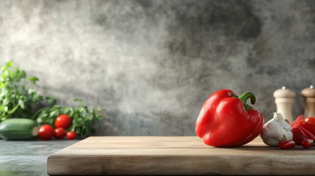 Fresh red bell pepper on a wooden plank against the background with fresh vegetable of a kitchen interior for sheif