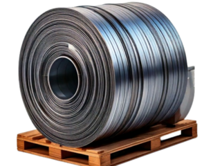 Shiny Rolled Steel Sheet on Pallet – Isolated PNG on Transparent Background
