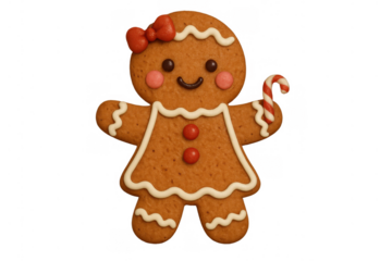 Gingerbread woman cookie depicting christmas holiday spirit, wearing a bow and holding a candy cane, transparent background