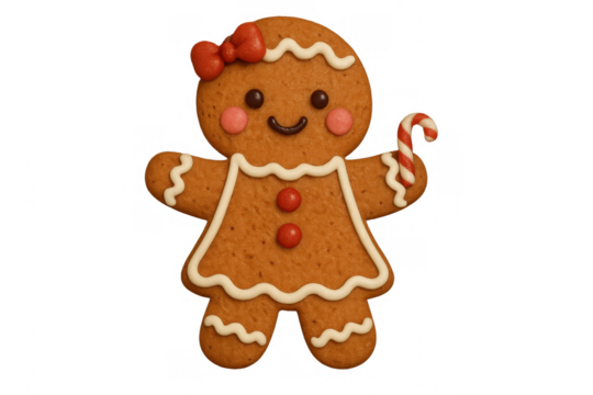 Gingerbread woman cookie depicting christmas holiday spirit, wearing a bow and holding a candy cane, transparent background