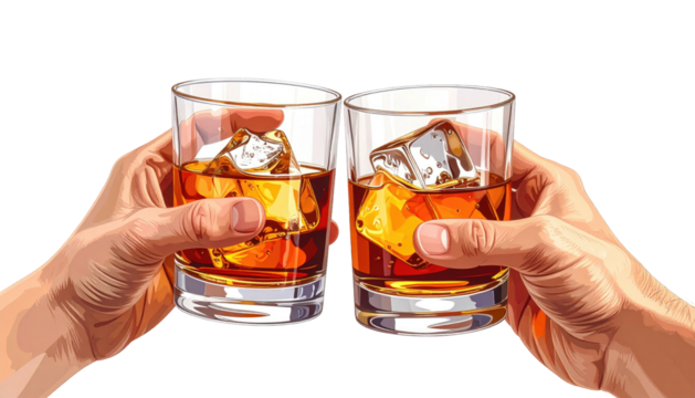 Toast Two hands clinking glasses of amber liquor with ice cubes