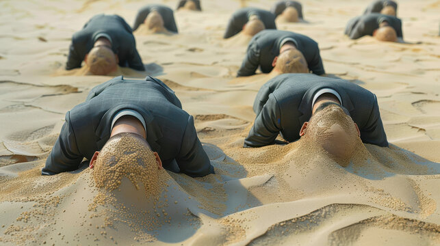 Businessmen Burying Heads in Sand, Conceptual Image of Ignoring Problems, Daytime, Formal Suits, Corporate Denial, Surreal Illustration
