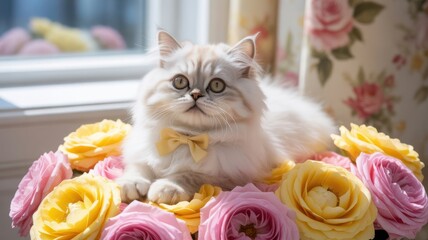 Adorable fluffy kitten sitting in a bouquet of colorful roses