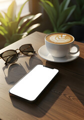Morning coffee break with a blank screen phone for digital mockup