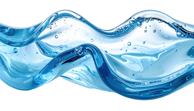 Wavy, translucent blue liquid with bubbles on a black background
