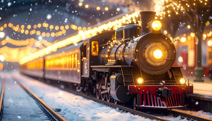 christmas decoration train in the snow