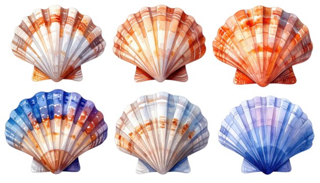Six scallop shells in various hues, arranged on dark background