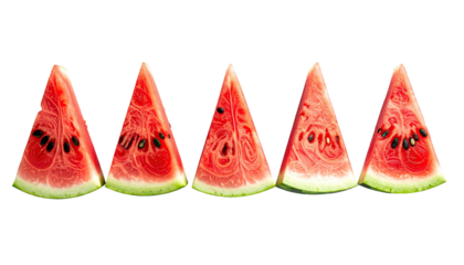 Five slices of watermelon with seeds in a row on dark