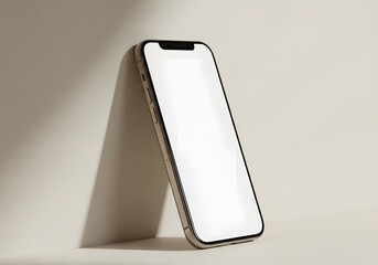 Smartphone mockup angled against a wall with a blank screen on a neutral background