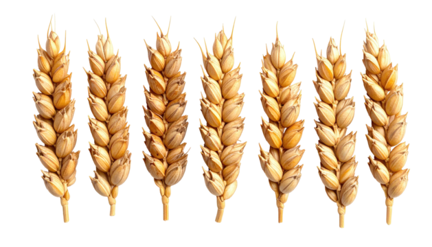 Six golden wheat stalks stand together on a black background