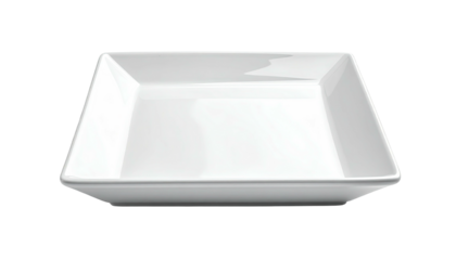 Glossy white, square-shaped bowl, on a black background