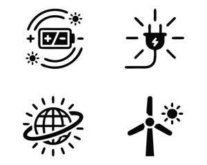 Renewable Energy and Power Icons: Battery, Plug, Globe, and Wind Turbine