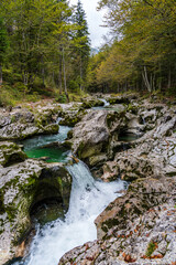 Small Waterfall in the Mostnica Gorge with Rocky Riverbed and Forested Banks