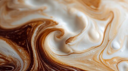 Close up shot of a milk with coffee swirl, contrast texture macro