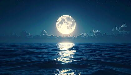 A serene nightscape showcasing a luminous full moon casting its glow upon rippling ocean waters under a starlit sky, creating a tranquil atmosphere