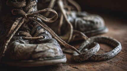 Old shoes and snake closeup