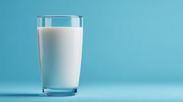 A minimalist glass of milk on pastel blue background