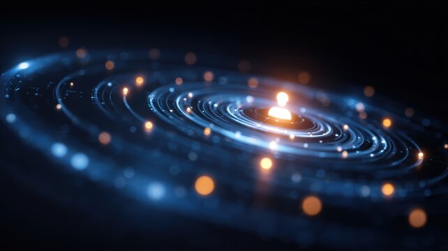 customer service support personalization. Galactic spiral with glowing orbs and radiant center against a dark background.