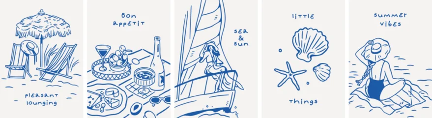 Gordijnen Bibliotheek Dolce Vita doodle card designs. Italian summer vacation posters set. Sketch drawings, holiday sea resort, sand beach with umbrella, picnic, yacht, seashells and lettering. Drawn vector illustrations  © Good Studio
