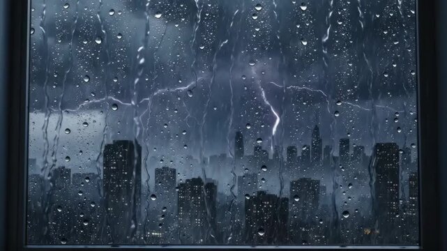 Rainy day window view of city skyline, cityscape, water drops