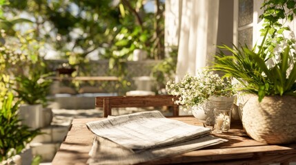 Fototapeta premium Outdoor patio table with newspaper