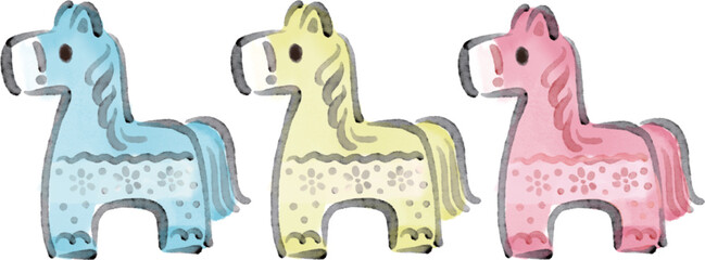 2026年　干支　午年　馬の北欧風モチーフ　水彩　手描き　年賀状デザイン　イラスト素材