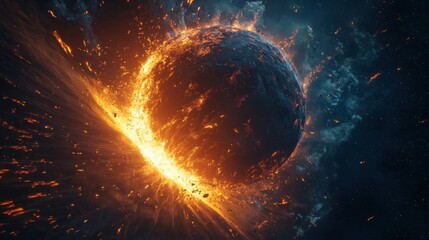 Explosive clash of celestial bodies captures a planet engulfed in fiery destruction against a dark cosmic backdrop
