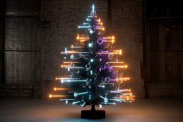 A futuristic, tech-inspired Christmas tree with neon lights and holographic decorations. A chic, creative, and beautiful Christmas or New Year tree for the interior of a stylish home or office