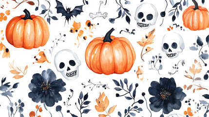 Watercolor halloween pattern with pumpkins skulls and dark flowers